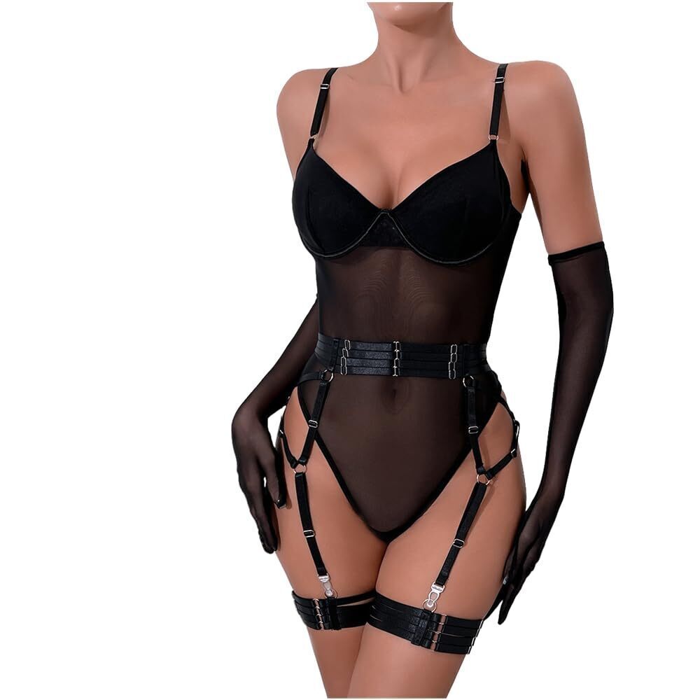 4874 Sexy Mesh Lingerie Set Garter Teddy Bodysuit with Underwire Chest